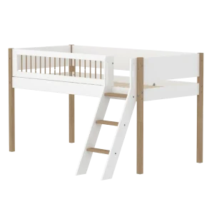 High Bed 120 cm with Slanting Ladder and Safety Rail, 90x200 cm, NOR White/Oak, Crossbars
