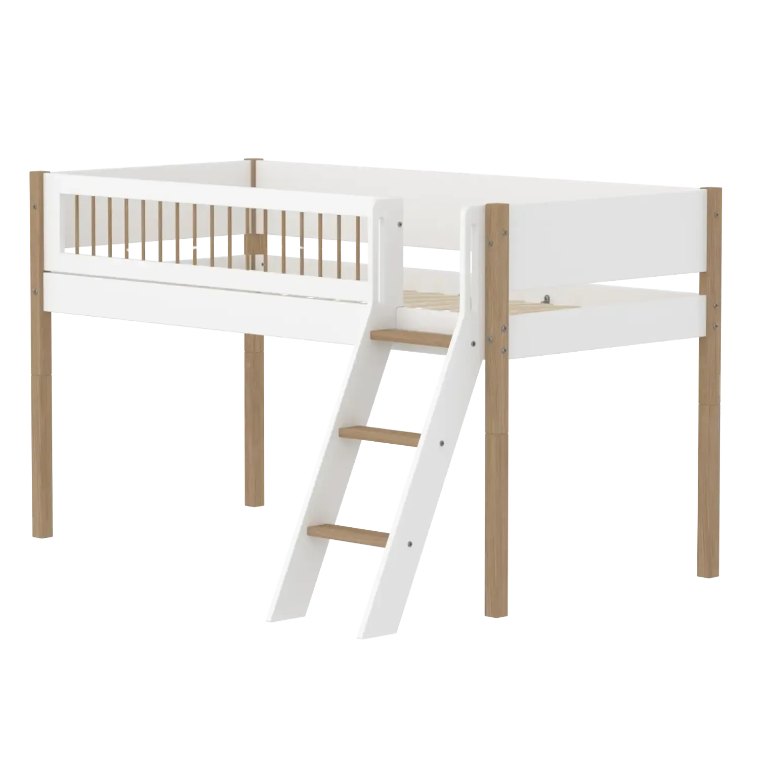 High Bed 120 cm with Slanting Ladder and Safety Rail, 90x200 cm, NOR White/Oak, Crossbars