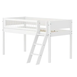 High Bed 120 cm with Slanting Ladder and Safety Rail, 90x200 cm, WHITE, Crossbars
