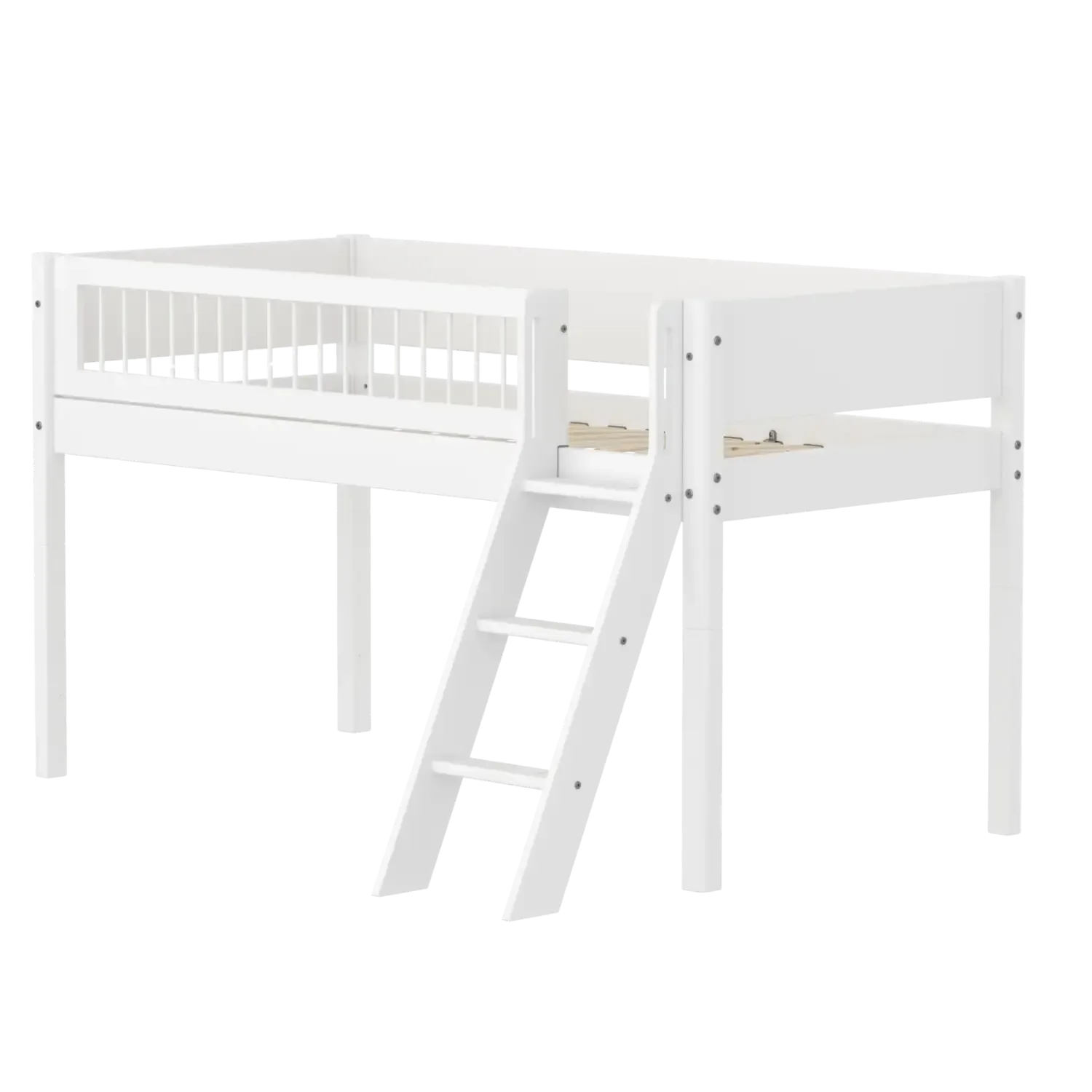 High Bed 120 cm with Slanting Ladder and Safety Rail, 90x200 cm, WHITE, Crossbars