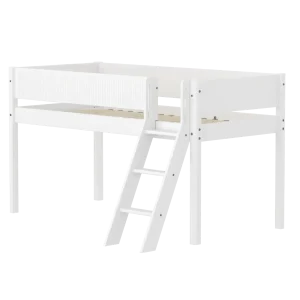 High Bed 120 cm with Slanting Ladder and Safety Rail, 90x200 cm, WHITE, Grooves