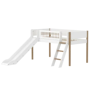 High Bed 120 cm with Slide, Slanting Ladder and Safety Rail, 90x200 cm, NOR White/Oak, Crossbars