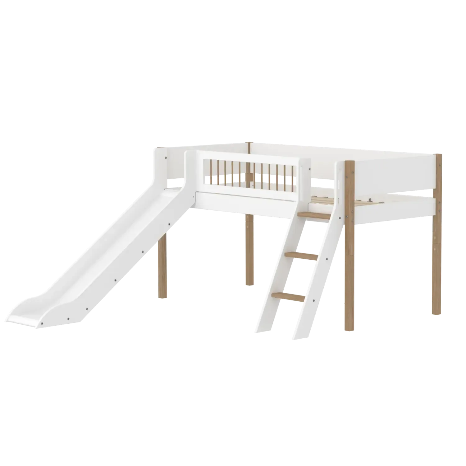 High Bed 120 cm with Slide, Slanting Ladder and Safety Rail, 90x200 cm, NOR White/Oak, Crossbars