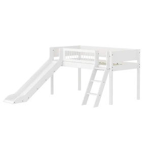 High Bed 120 cm with Slide, Slanting Ladder and Safety Rail, 90x200 cm, WHITE, Crossbars