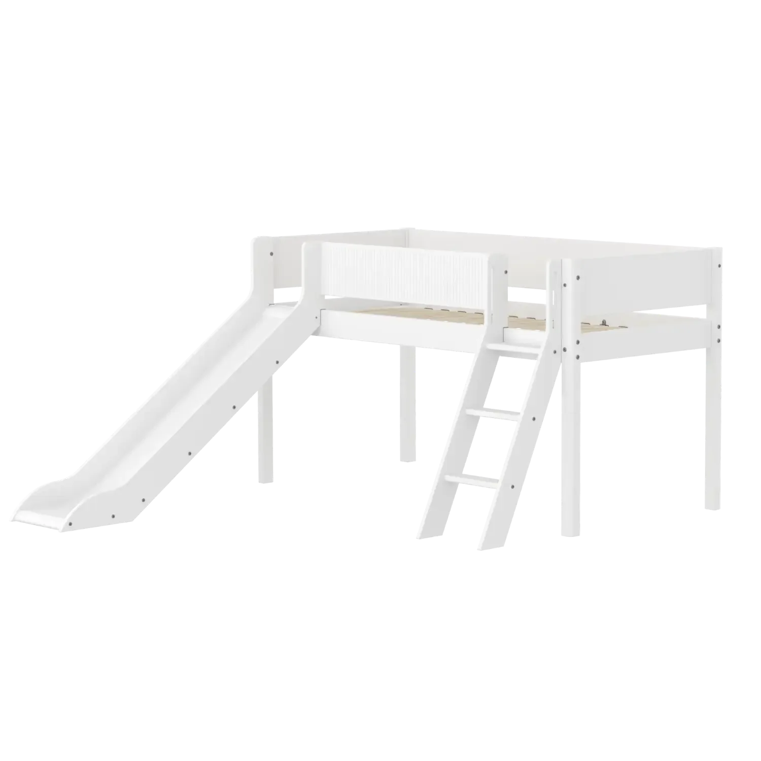 High Bed 120 cm with Slide, Slanting Ladder and Safety Rail, 90x200 cm, WHITE, Grooves