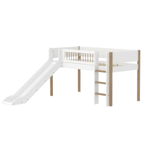 High Bed 120 cm with Slide, Straight Ladder and Safety Rail, 90x200 cm, NOR White/Oak, Crossbars