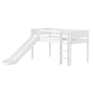 High Bed 120 cm with Slide, Straight Ladder and Safety Rail, 90x200 cm, WHITE, Crossbars