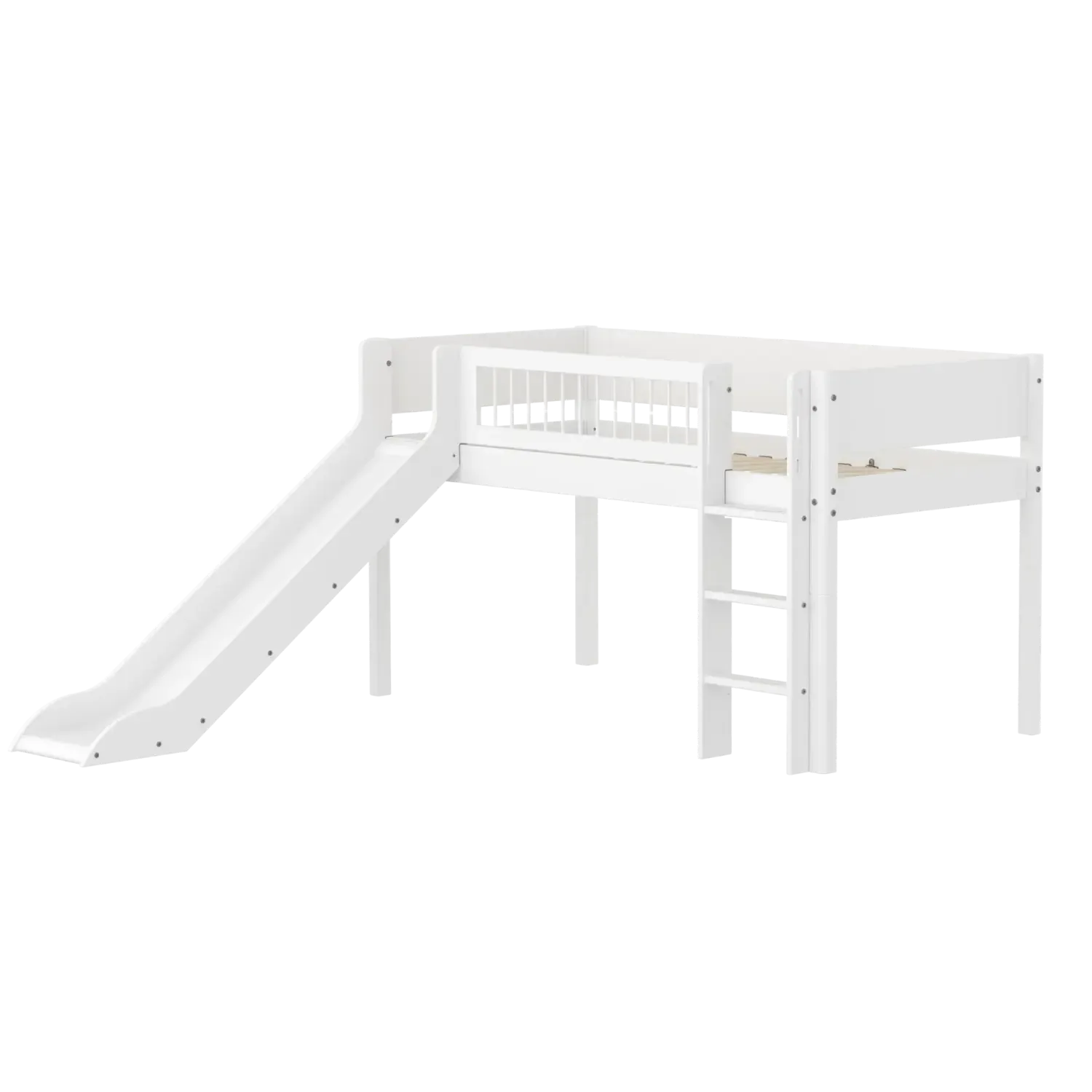 High Bed 120 cm with Slide, Straight Ladder and Safety Rail, 90x200 cm, WHITE, Crossbars
