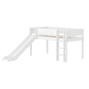 High Bed 120 cm with Slide, Straight Ladder and Safety Rail, 90x200 cm, WHITE, Grooves