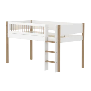 High Bed 120 cm with Straight Ladder and Safety Rail, 90x200 cm, NOR White/Oak, Crossbars