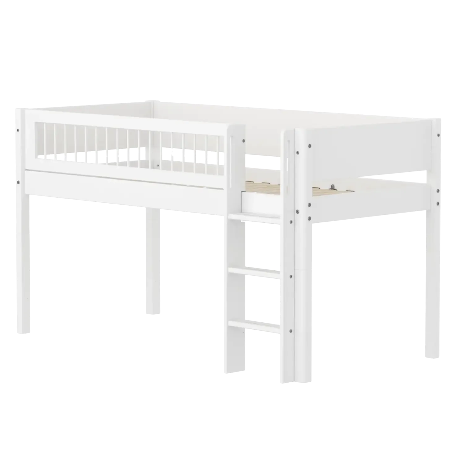 High Bed 120 cm with Straight Ladder and Safety Rail, 90x200 cm, WHITE, Crossbars