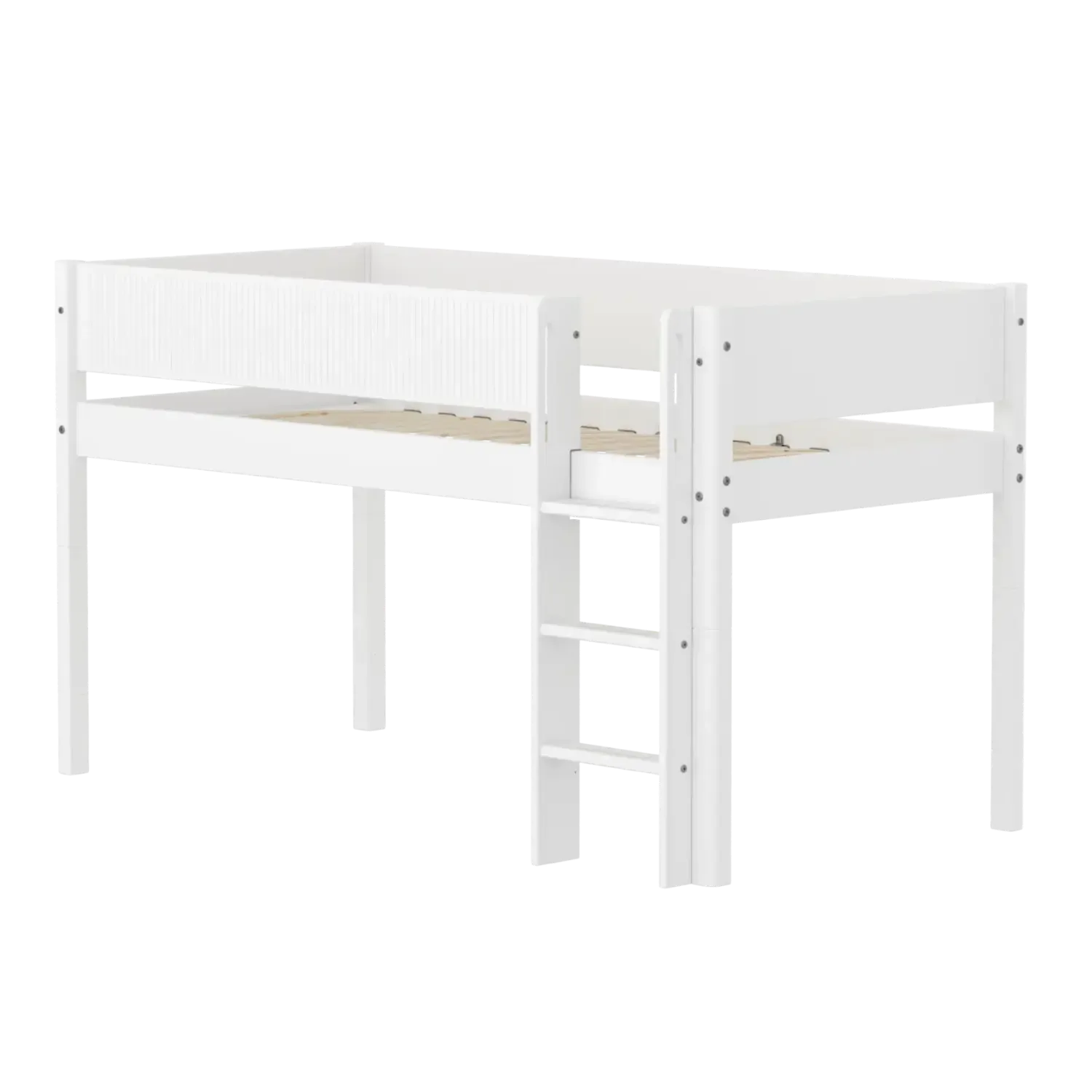High Bed 120 cm with Straight Ladder and Safety Rail, 90x200 cm, WHITE, Grooves