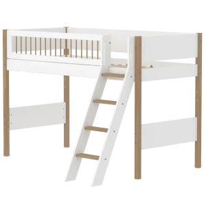 High Bed 143 cm with Slanting Ladder and Safety Rail, 90x200 cm, NOR White/Oak, Crossbars