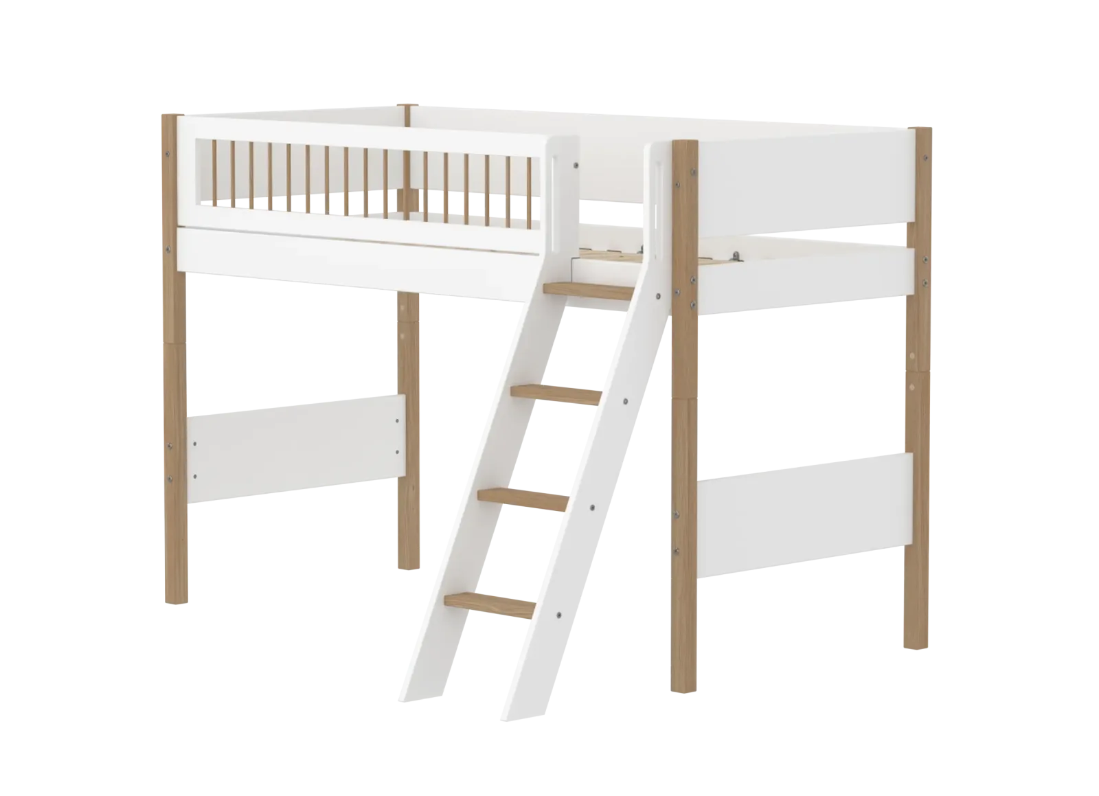 High Bed 143 cm with Slanting Ladder and Safety Rail, 90x200 cm, NOR White/Oak, Crossbars