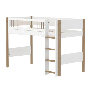 High Bed 143 cm with Straight Ladder and Safety Rail, 90x200 cm, NOR White/Oak, Crossbars