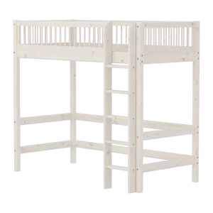 High Bed 184 cm with Ladder and Safety Rail, 90x200 cm, CLASSIC White Washed, Crossbars