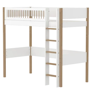 High Bed 184 cm with Ladder and Safety Rail, 90x200 cm, NOR White/Oak, Crossbars