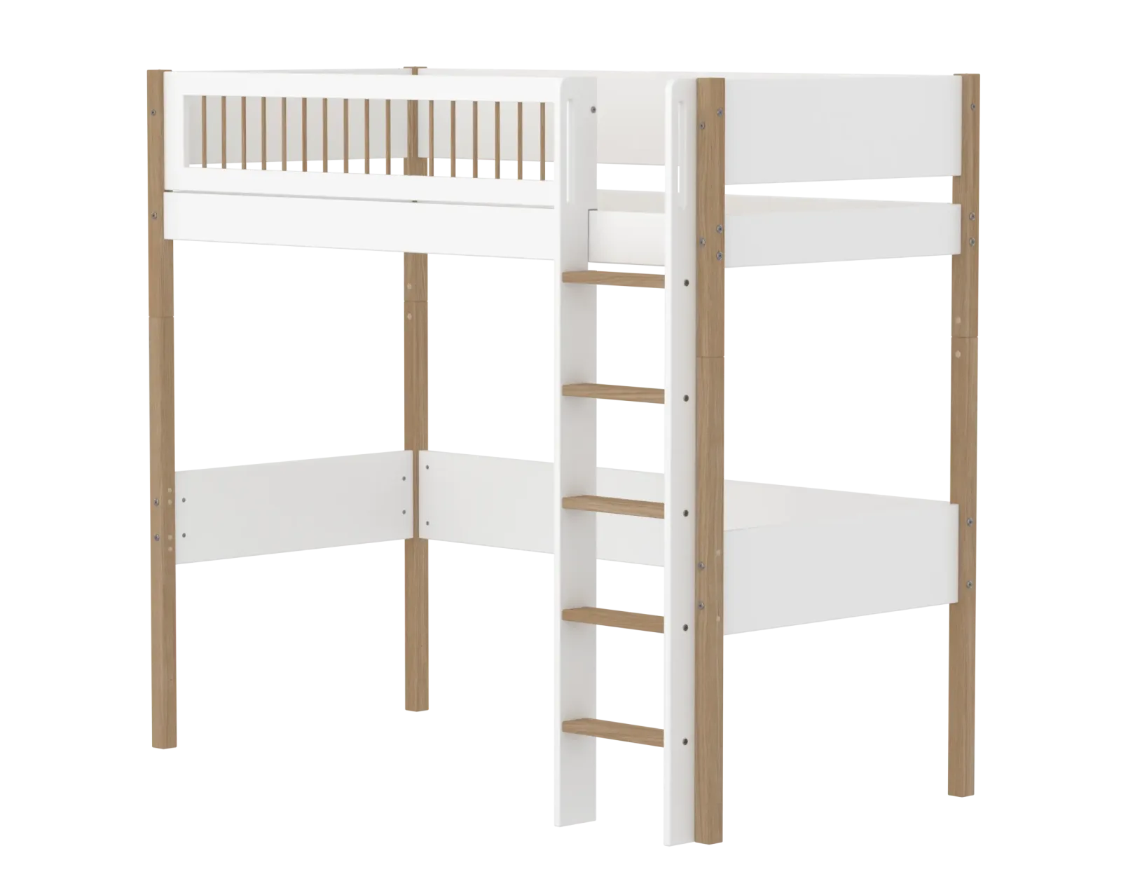 High Bed 184 cm with Ladder and Safety Rail, 90x200 cm, NOR White/Oak, Crossbars