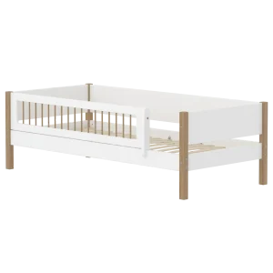 Single Bed with Safety Rail, 90x200 cm, NOR White/Oak, Crossbars