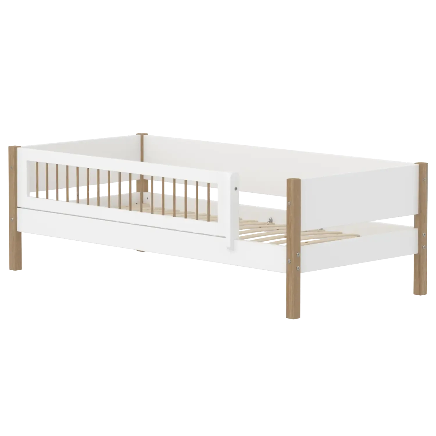 Single Bed with Safety Rail, 90x200 cm, NOR White/Oak, Crossbars